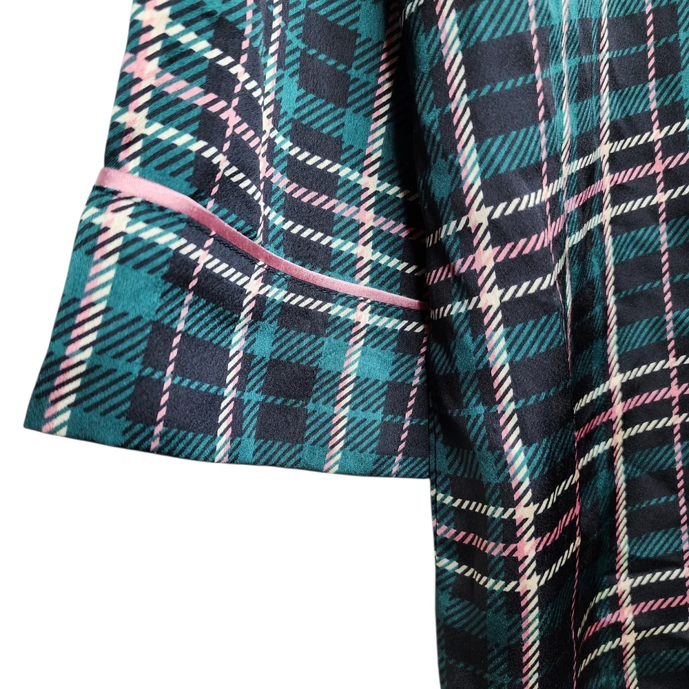 Ann Taylor‎ Sleep ~ Green & Pink Plaid Satin Pajama Set Size Large